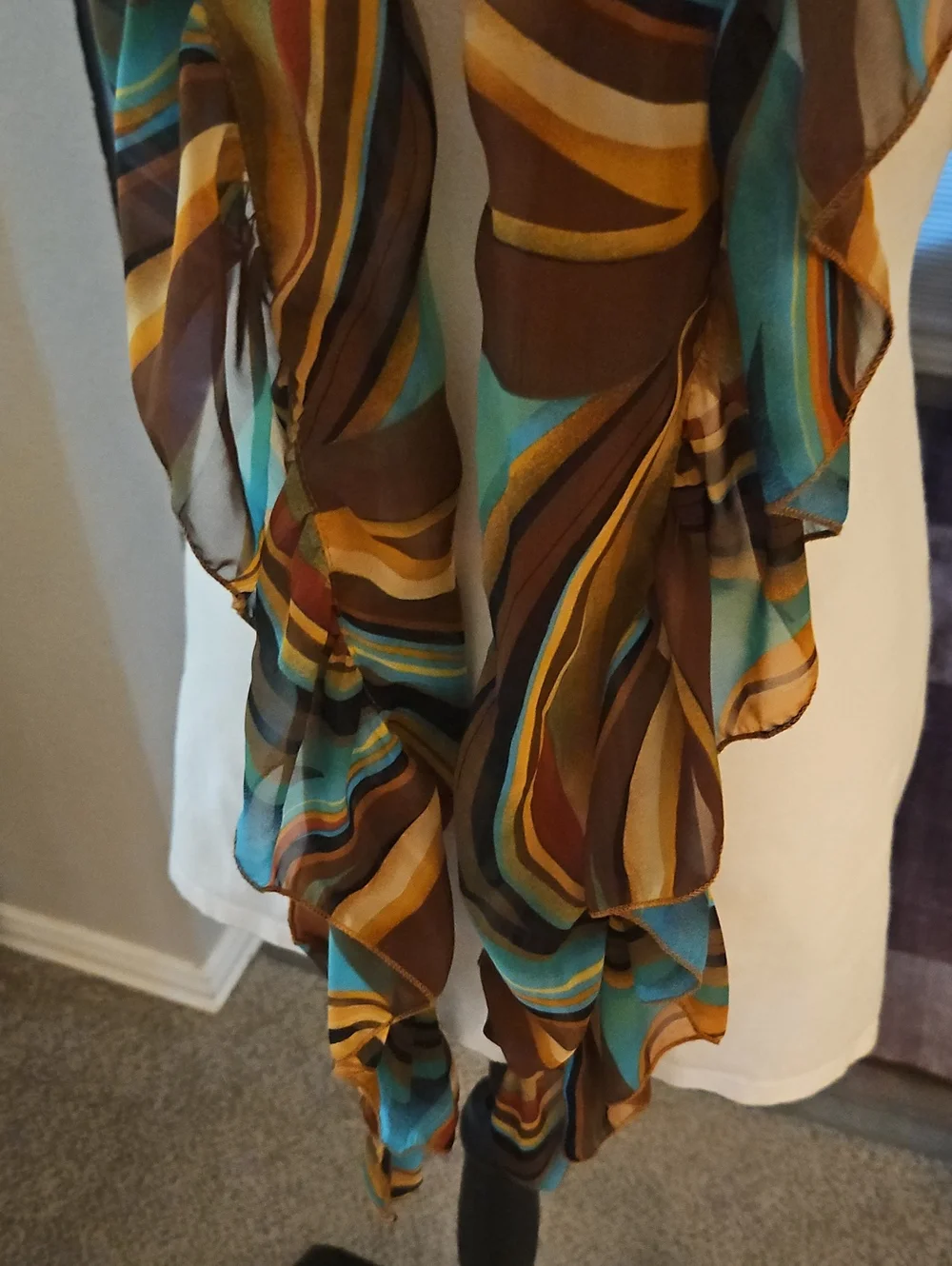 Vintage Retro Mod Striped Chiffon Ruffle Scarf in Teal and Brown